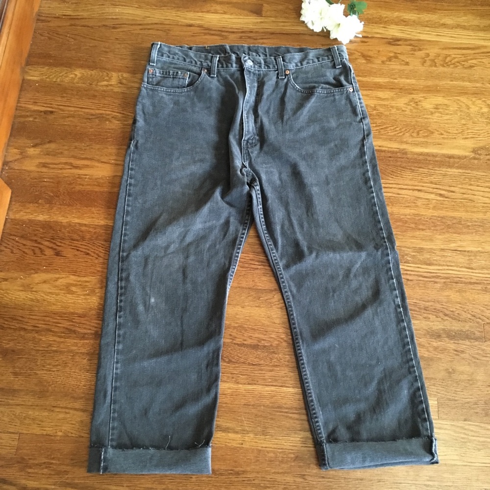 vtg Levis 505 faded black cropped frayed jeans 37 slouchy - Picture 3 of 6